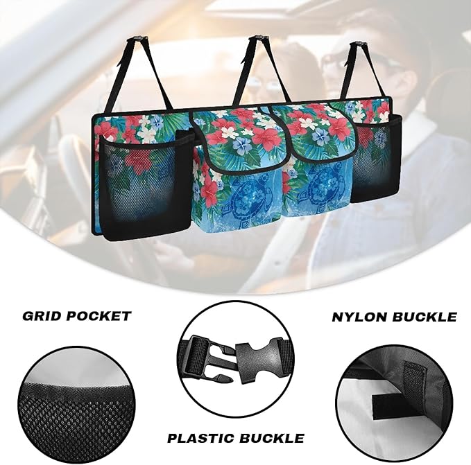 CLOHOMIN Hibiscus Car Trunk Organizer Blue Sea Turtle Car Storage Bags Washable Car Trunk Tool Organizer Collapsible Cargo Bag with 4 Pockets Car Decorative Accessories