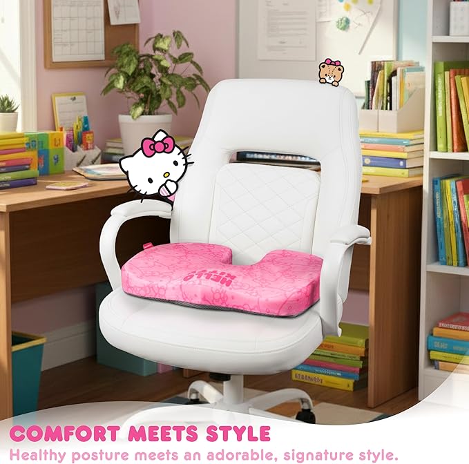 Carbella Officially Licensed Hello Kitty Seat Cushion - Cute Pink Office Chair Cushion for Car, Home, Work or Desk - Comfort Memory Foam Cushions for Coccyx, Back, Tailbone Pain Relief Pillow