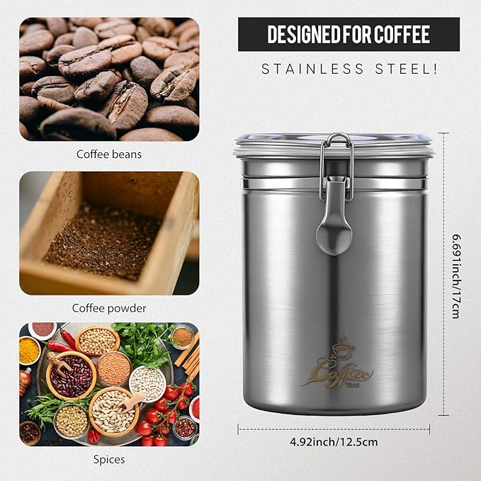 LemonRoad Stainless Steel Coffee Canister 62 Fl oz Coffee Jar Container with Airtight Clamp Lid, Bean Storage Container for Bean Storage Kitchen Bar Countertopop