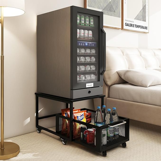 PUNCIA 19.7x23.6in Mini Fridge Stand with Large Capicity Storage Sturdy Refrigerator Table with Lockable Wheels Rolling Fridge Cart Heavy Duty Appliance Platform for Dorm, Apartment,Office, Bedroom