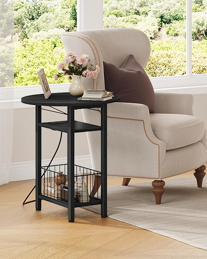 Side Table with Charging Station, Folding Side Table with Storage, 3-Tier Narrow End Table with Folding Top, Small Side Table for Small Spaces, for Living Room, Bedroom, Black TBZ10UBB
