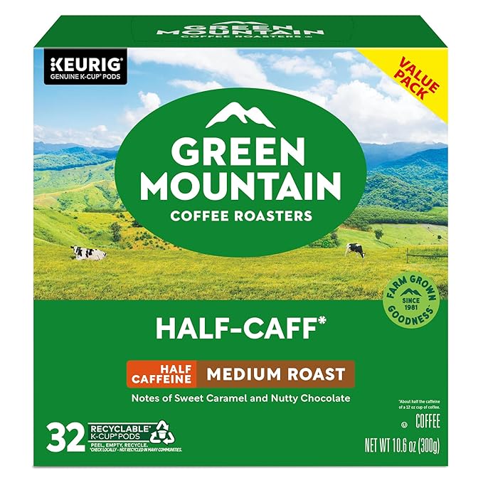 Green Mountain Coffee Roasters Half Caff, Single-Serve Keurig K-Cup Pods, Medium Roast Coffee Pods, 32 Count