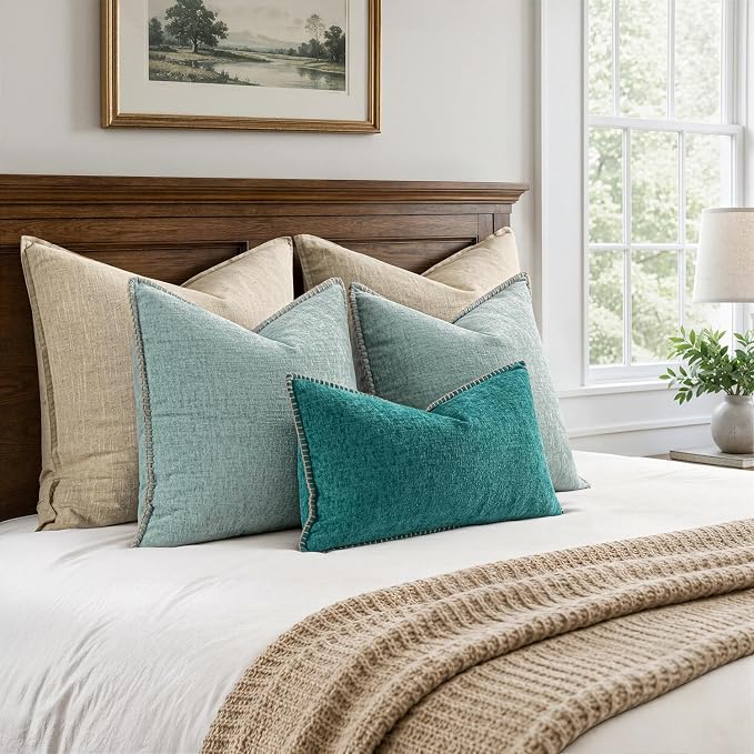 MIULEE Pack of 2 Lumbar Throw Pillow Covers 12x20 Inch Teal Farmhouse Decorative Pillow Covers with Stitched Edge Soft Chenille Solid Dyed Summer Pillow Covers for Couch Sofa Bed Living Room