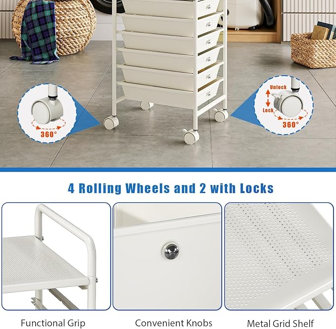 9-Tier Utility Cart with 9 Drawers, Rolling Utility Cart with 2 Lockable Caster Wheels, Multipurpose Mobile Rolling Storage Drawer Cart for Office Bathroom Kitchen, Ivory White