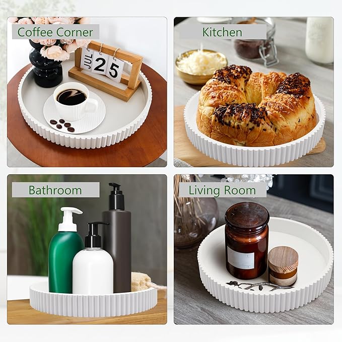 Round Decorative Tray for Coffee Table Decor, 11.8in White Decorative Serving Tray for Kitchen Counter,bandejas decorativas, Wooden Serving Tray for Party