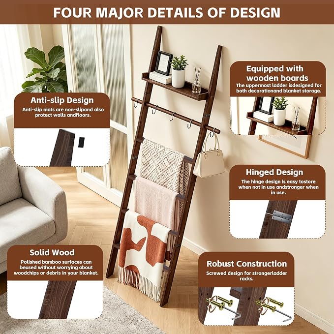 Farmhouse Wooden Blanket Ladder with Shelf,6-Tier Rustic Quilt Towel Rack Decorative Holder Wall Leaning Storage with Removable Hooks for Home Living Room Bedroom Decor Brown