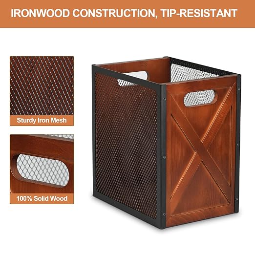 Rustic Office Trash Can - Rectangular Waste Basket with Iron Mesh, 4.5 Gallon Wooden Garbage Can, Bathroom Garbage Bin with Handles, Decorative Trash Can for Home Office Bedroom
