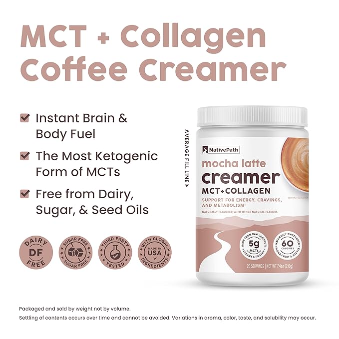 NativePath Keto Coffee Creamer Powder Mocha Latte — Keto-Friendly, Non-Dairy & Low Sugar Creamer. Made with Grass-fed Collagen Protein Powder, MCT Oil & Monk Fruit. Soy & Gluten Free (7.4 OZ)