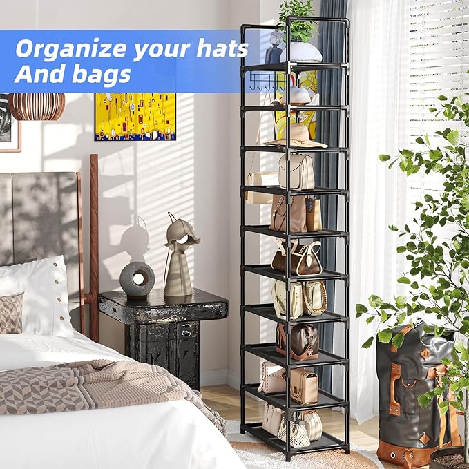 Simple Trending Tall Shoe Rack for Closet, 10 Tiers Narrow Shoe Shelf Holds 20 Pairs, Shoe Organizer Storage with Hooks, Black