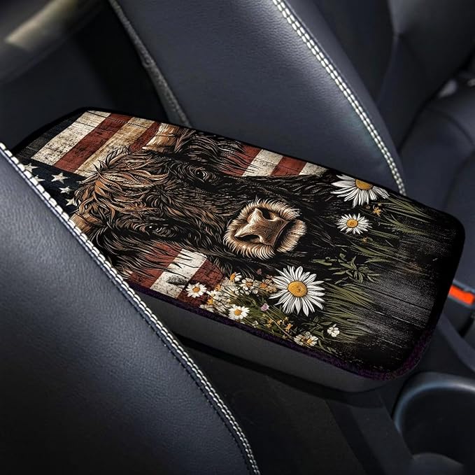 Highland Cow Arm Rest Cover Car Center Console Cover Easy to Install Car Decor Accessories Auto Armrest Console Cover for Most Vehicle, SUV, Truck, Cars