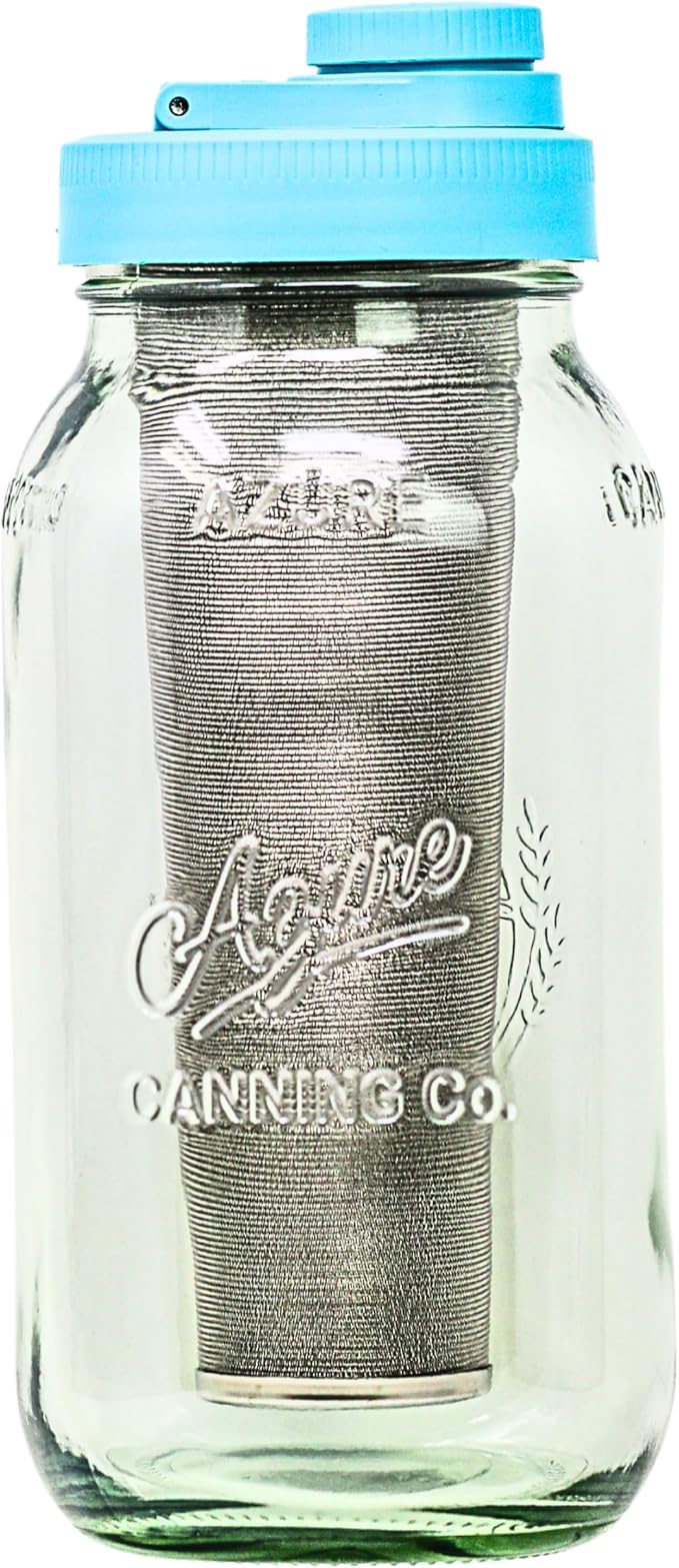 Brewing America Mason Jar Cold Brew Coffee Maker Infuser: Made in USA Wide Mouth Mason Jar with Screw Top Pour and Drinking Lid, Stainless Steel Filter - Coffee, Tea, Alcohol - 2 Quart 64 oz Teal Lid