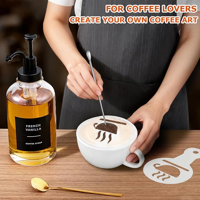 Coffee Syrup Dispenser for Bar, Glass Syrup Bottle with Pump, Coffee Pump Dispenser Bottle with Tray, Spoon for Station,16.9 oz, Black, 500 ml