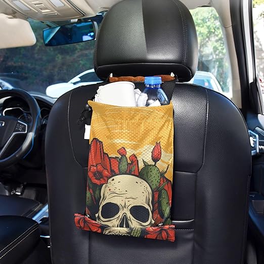 ALAZA Hanging Car Trash Bags Garbage Bag Trash Can for Back Seat Small Skull Cactus Washable Storage Bag Retractable 2 Pack
