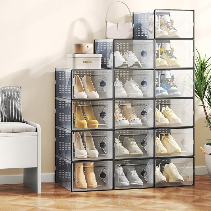 Sweetcrispy Shoe Storage Boxes, Clear Plastic Stackable Shoe Rack Organizer with Lids for Closet, Foldable Sneaker Container, Under Bed and Entryway, 15 Pack, Black