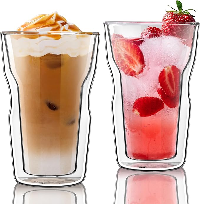 Joeyan Double Wall Insulated Glass Tumbler, 16.9oz Tall Dinking Glasses Set of 2, Lager Highball Glass Cups for Beer, Lemonade, Iced Tea, Tropical Drink, Cocktail, Smoothie, Mojito and Mixed Drinks