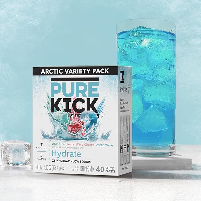 Pure Kick Arctic Variety pack Singles to Go Powdered Drink Mix, Arctic Wave, Arctic Wave Cherry, Arctic Ice, 40 Count Packets