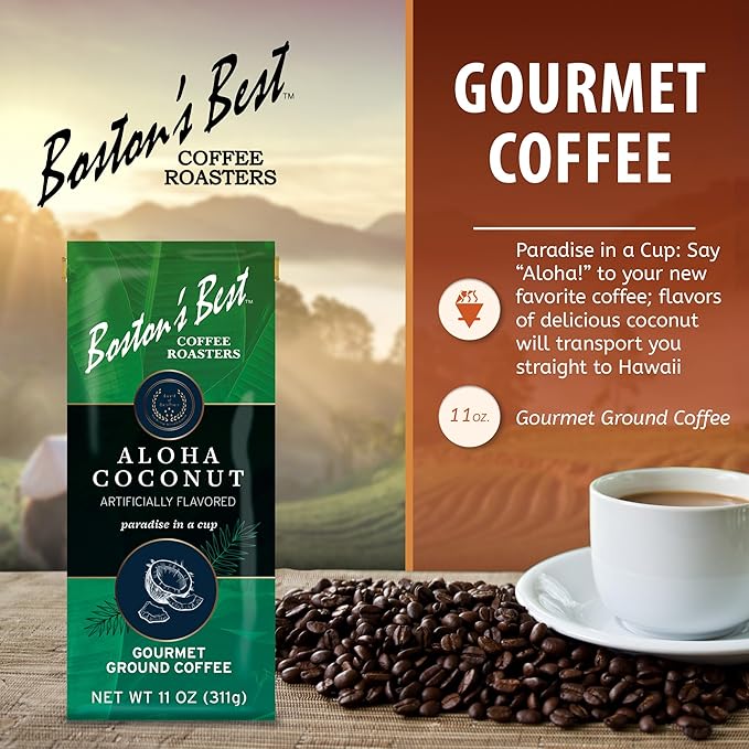 Boston’s Best Coffee - Aloha Coconut Flavored Delicious Gourmet Premium Ground Coffee, 11 oz. / 311 g Bag