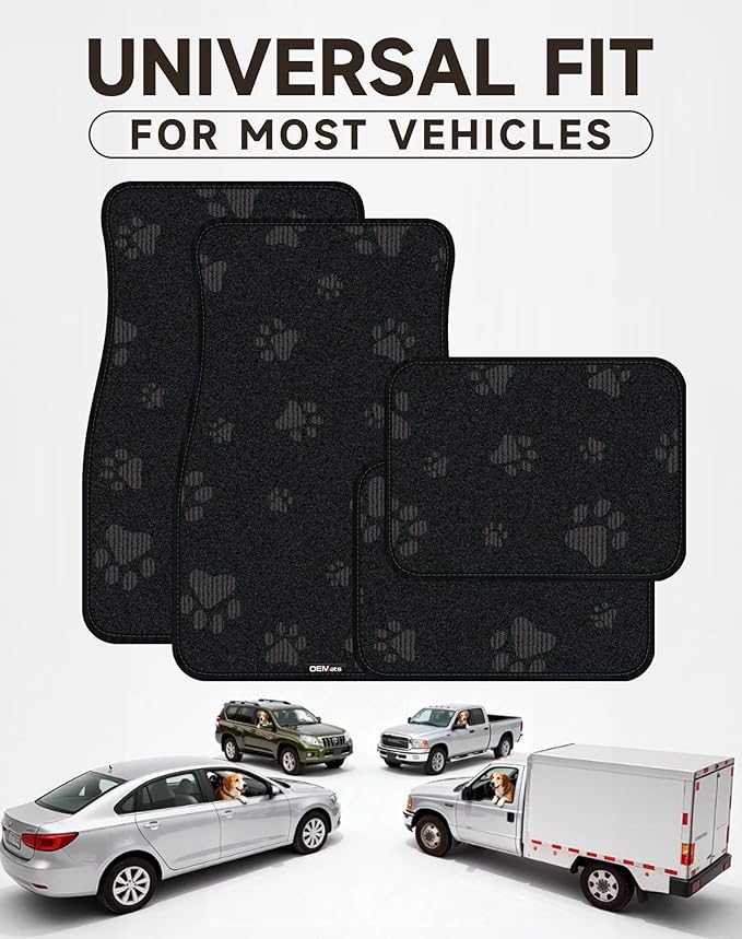 Cute Embroidered Dog Paw Car Floor Mats for Pet Lovers, Universal Fit All Weather Car Mats with Anti-Slip Nibbs Backing, Carpet Floor Mats for Cars, Trucks & Sedans, Full Set of 4 (Gray Paw)