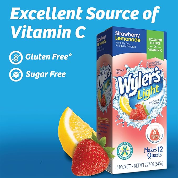 Wyler's Light Pitcher Packs, Water Drink Mix, Strawberry Lemonade, 6 Boxes (36 Pitcher Packets)