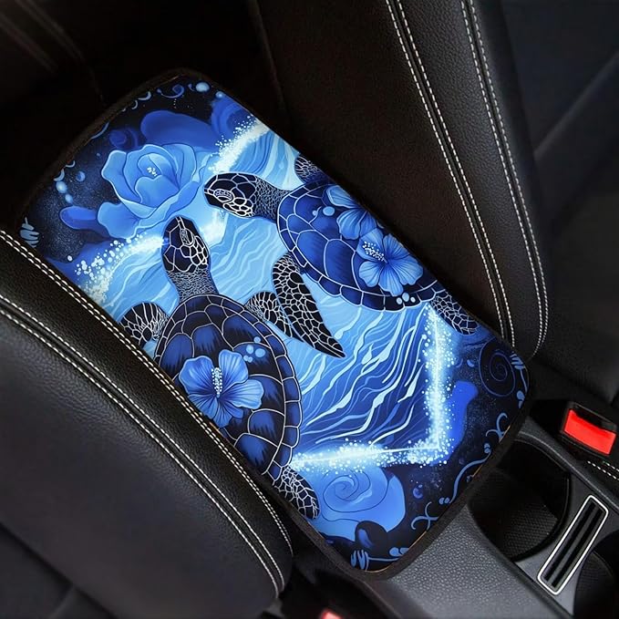 Suobstales Turtle Hibiscus Print Car Center Console Armrest Cover Seat Box Mat Auto Decorations Fit Most Vehicle SUV Truck Sedan