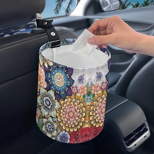 Boho Flowers Car Trash Can Waterproof Auto Vehicle Garbage Organizer Bag Hanging Car Waste Basket Holder for Front Seat Back, Seat, Floor, Headrest