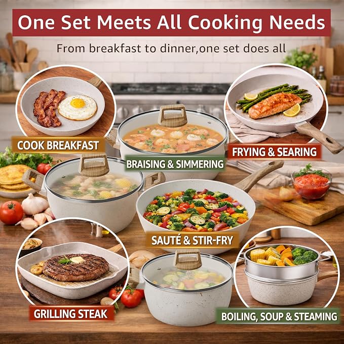 24Pcs Pots and Pans Set Non Stick,Ceramic Cookware Set with Titanium-Reinforced Nonstick Coating,Long-Lasting,PFAS-Free,Induction Compatible,Full Kitchen Set with 3 Stock Pots for Family Cooking