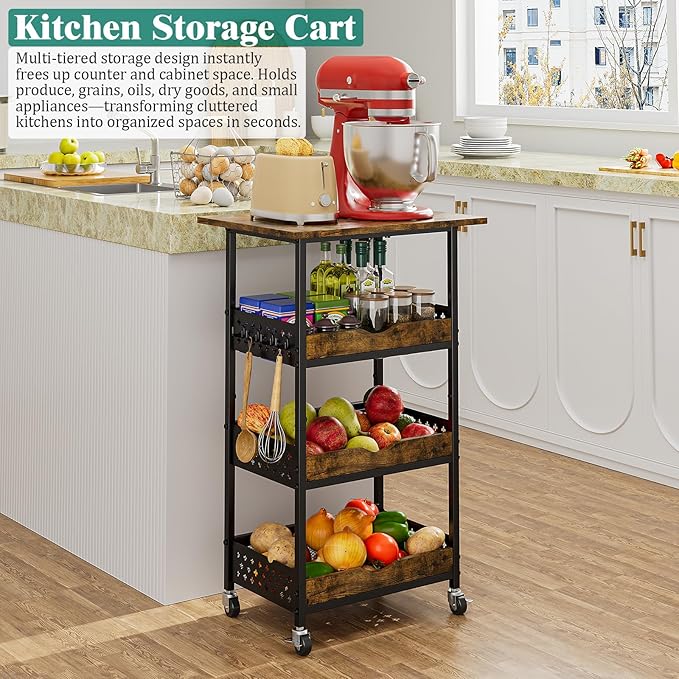 Giwil 4-Tier Rolling Kitchen Cart, Microwave Stand with Wooden Top Coffee Station Table Snack Rack Organizer, Utility Cart on Wheels for Onions Potatoes, Black
