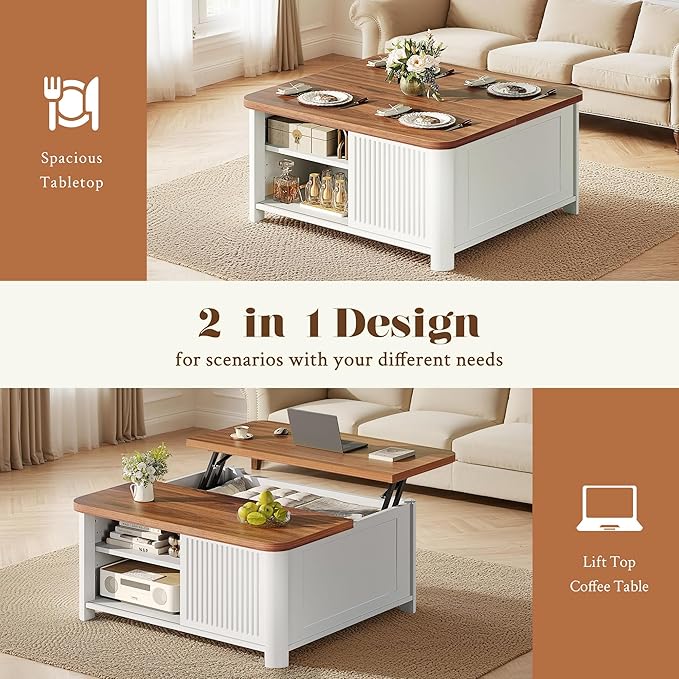 Decofy Lift Top Coffee Table with Storage Mid Century Modern Square Coffee Tables for Living Room, Large Hidden Storage Compartment, Adjustable Shelves & Sliding Door