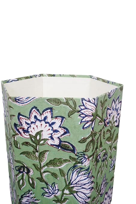 3.3 Gallon Cotton Hand Block Printed Paper Waste Basket |Small Decorative Trash Can for Housewarming Gifts in Living Room, Bedroom, Bathroom | Eco-Friendly, Plastic-Free (1, L Green Blue FLOWAR)
