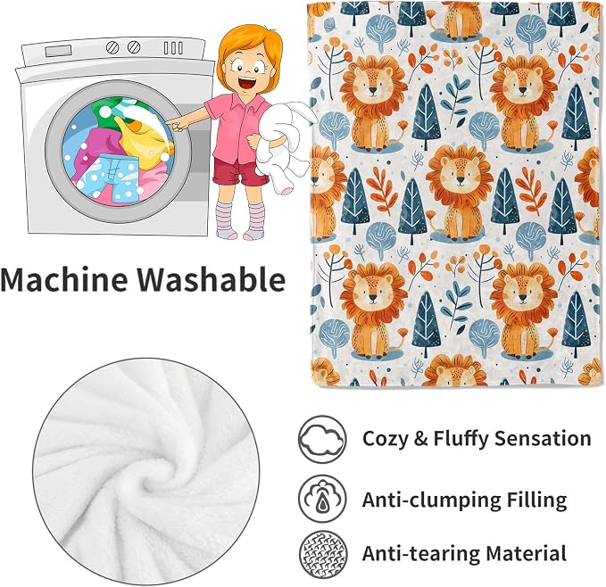 Cute Lion and Forest Blanket,Fun Cartoon Jungle Theme Throw Blankets,Birthday Gifts for Kids & Animal Lovers,Lightweight Soft Fleece,for Picnic Sofa Couch Bed Room Travel,Modern Decor,50x60in