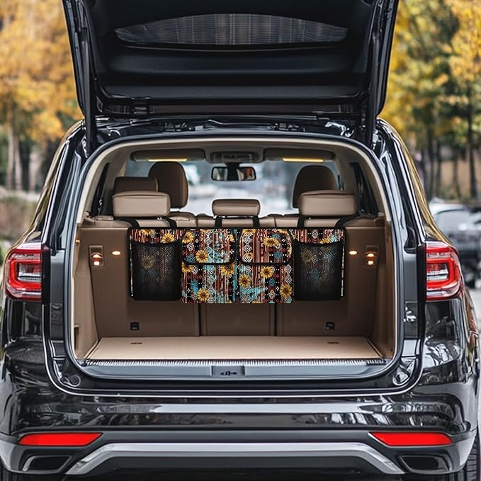 CLOHOMIN Aztec Trunk Organizer for Car Sunflower Car Backseat Hanging Organizer for SUV Van Car Cargo Storage Collapsible with 4 Pockets Adjustable Straps