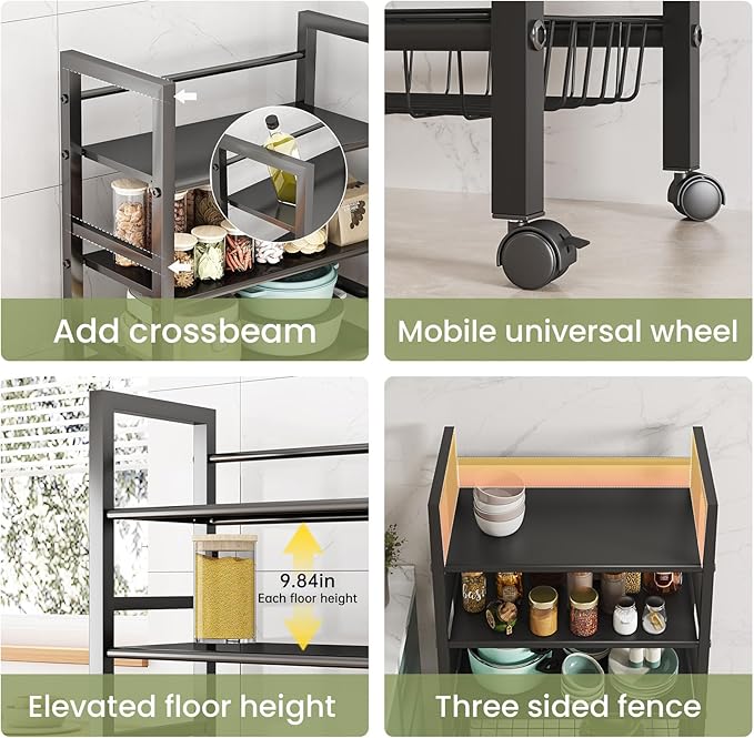 4-Tier Rolling Metal Storage Cart Mobile Organizer with Removable Grid Basket and Locking Wheels, Suitable for Multiple Uses, Black (Large)