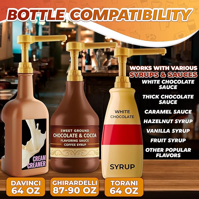 2 Pcs Sauce Pump Dispenser – Compatible with Torani, Davinci (64oz), and Ghirardelli (87-90oz) Bottles | Pump for Coffee Syrup Bottle 0.5oz Each Press – Adjustable Long Tube & Lockable Design