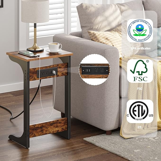 TUTOTAK C Shaped End Table with Charging Station, Side Table, Couch Table for Small Spaces, Tv Tray Table with 2 USB Ports and Outlets, Living Room, Bedroom V1TB01BB044