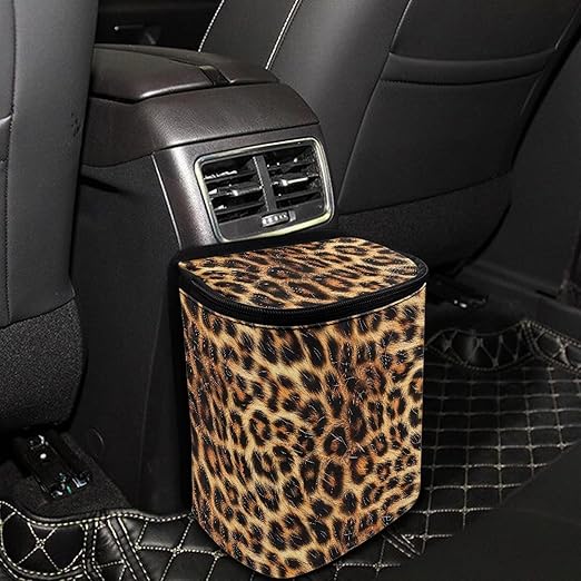 Brown Leopard Print Car Trash Can with Lid Leakproof Trash Bin Easy Installation Leak Proof Car Garbage Cans Fashion Interior Accessories for Truck,SUV,Sedan,Van