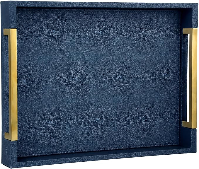HofferRuffer Faux Leather Serving Tray with Gold Metal Handles, Stylish Decorative Tray Organizer for Coffee Table, Ottoman, Home Decor and Serving (Blue Shagreen, 16.2" x 12.2" x 2")