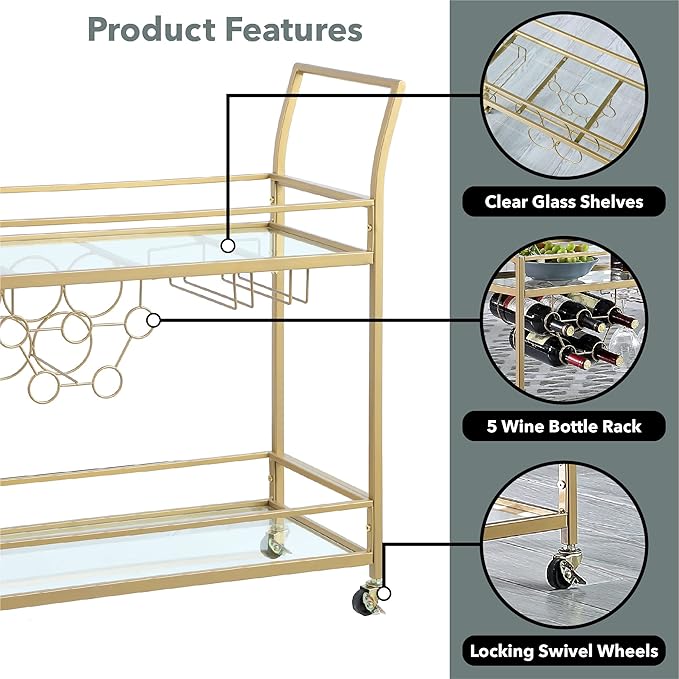 FirsTime & Co. Gold Francesca Bar Cart, 2 Tier Mobile Mini Bar, Kitchen Serving Cart and Coffee Station with Storage for Wine and Glasses, Metal and Glass, Modern