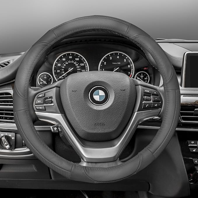FH Group Universal Fit Deluxe Full Grain Authentic Leather Solid Gray Steering Wheel Cover Fits Most Cars, SUVs