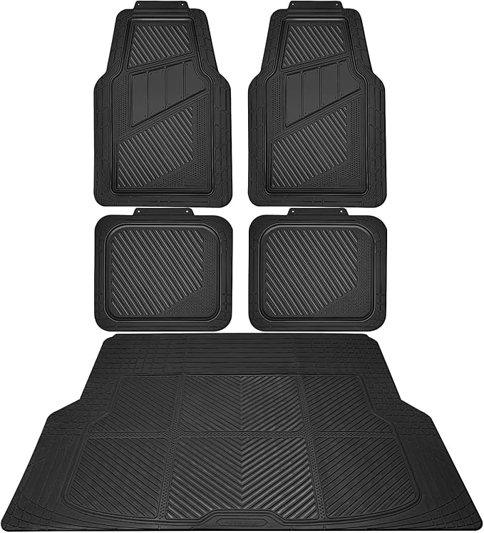 CAR PASS Heavy Duty Rubber Floor Mats Gray Car Mats Full Set with Trunk Cargo Liner - Universal Waterproof Floor Mats for Car SUV Truck, Durable All Weather Automotive Liner Mats (All Black)