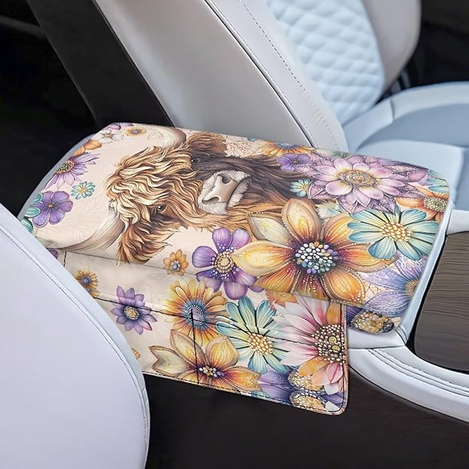 Dreaweet Highland Cow Boho Floral Print Arm Rest Cover for Car Women Thick Center Console Armrest Pad with Pockets Auto Accessories Interior Car Center Console Cushion Pad