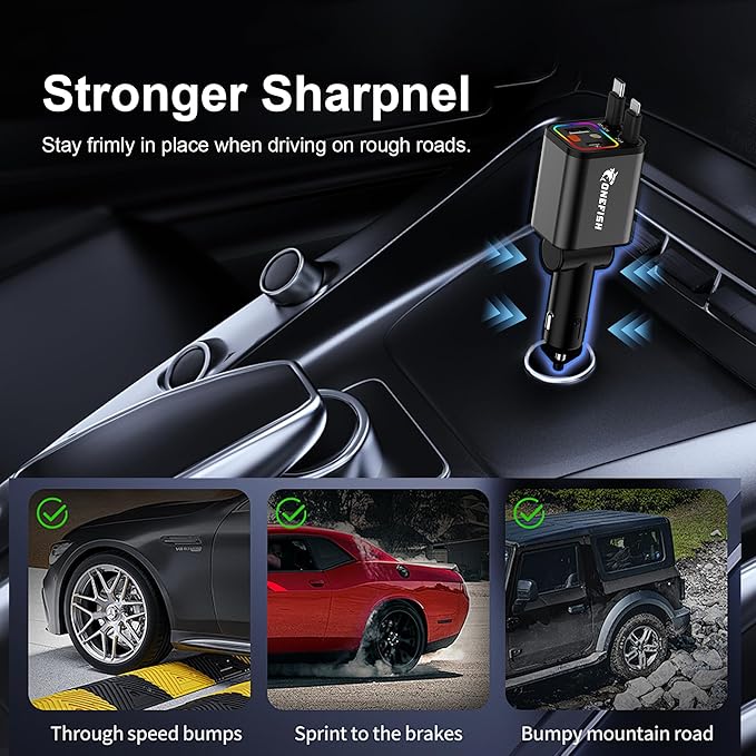 OneFish Starlight Fast Car Charger, 4 in 1 Cigarette Lighter Chargers with USB Type C Ports Retractable Cord Display, for iPhone 17 16 15 14 Pro Max Plus/iPad, Car Truck Essentials Gift for Women Men