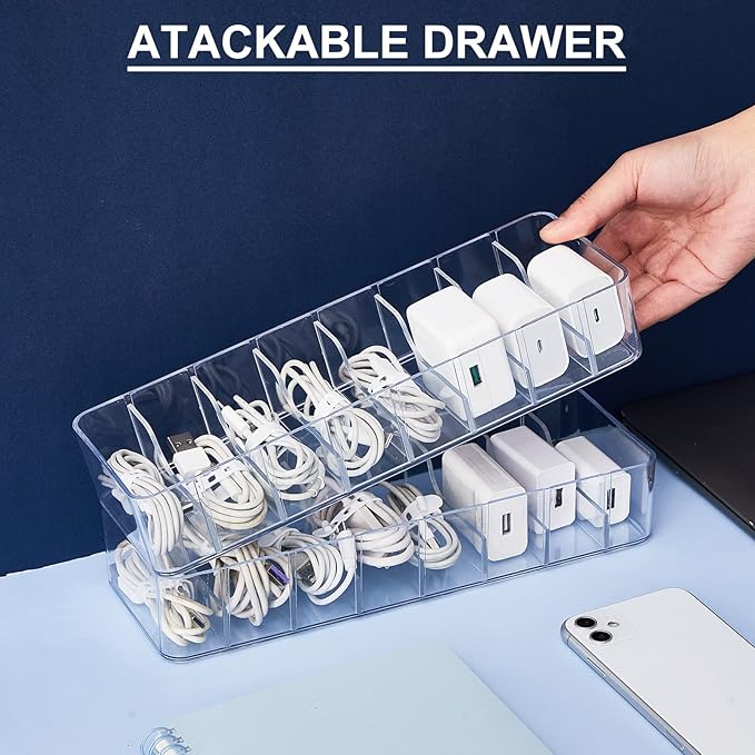 Tatuo 4 Pcs Cable Organizer with 40 Wire Ties, Plastic Cord Storage Charger Box Electronics Organizer with Adjustment Compartments Cable Storage for Drawer Home Office Desk Accessories (Clear)