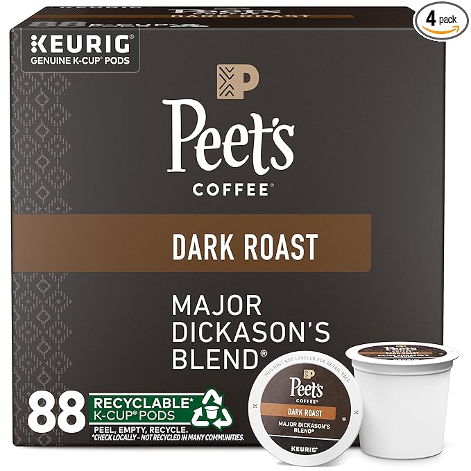 Peet's Coffee, Dark Roast Keurig K-Cup Pods, 100% Arabica Coffee - Major Dickason's Blend 88 Count (4 Boxes of 22 K-Cup Pods)