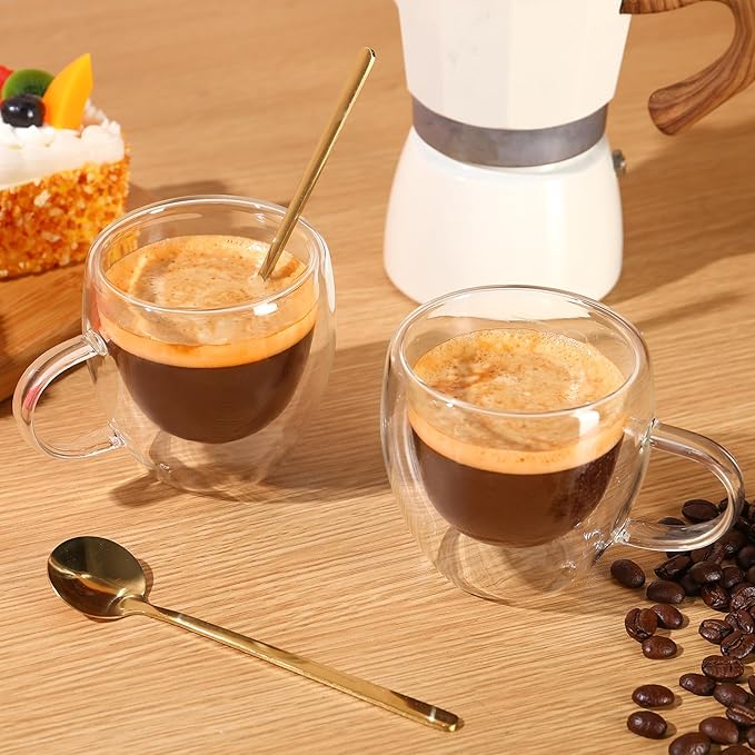Espresso Cups Set Of 2,Double Wall 5OZ Hand Blown Espresso Shots Glass,Espresso Coffee Mugs In Gift Box,Perfect For Espresso,Latte,Cappuccinos,Tea Bag,Juice