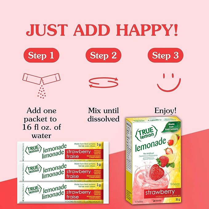 True Lemon Strawberry Lemonade 10ct (Pack of 12) - Drink Mix - No Artificial Sweeteners, Low Calorie - Powdered Drink Mixes & Flavors - Water Flavor Packets & Water Enhancer with Stevia
