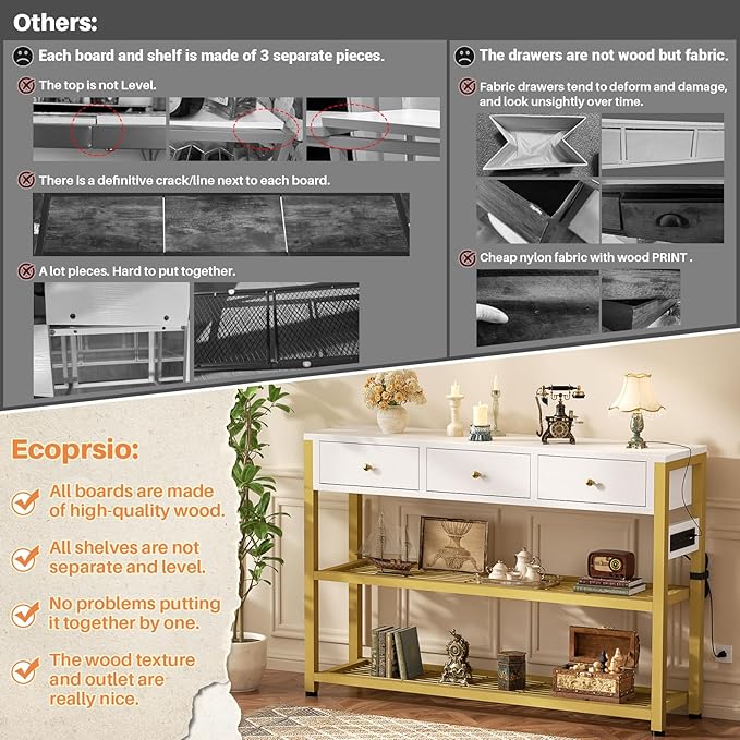 Ecoprsio 47'' Entryway Table with Outlets and USB Ports, Console Table with 3 Drawers, Sofa Table Narrow Long with Storage Shelves for Living Room, Couch, Hallway, Foyer, White and Golden
