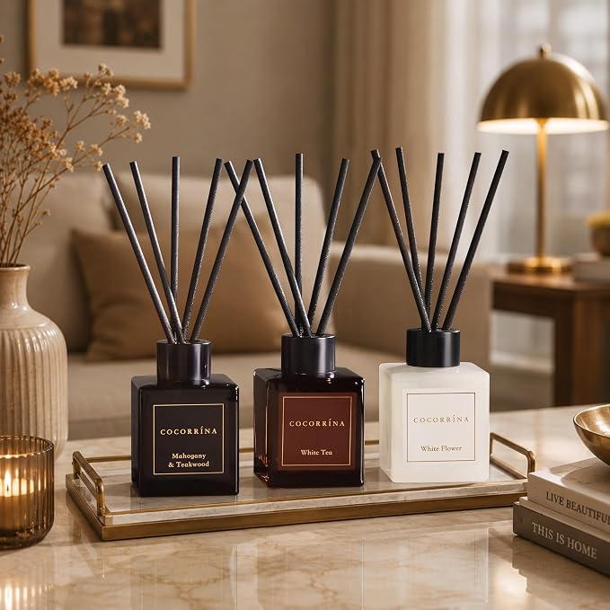 COCORRÍNA Hotel Collection Reed Diffuser Set, 3.04 fl oz Trio, Mahogany Teakwood, White Flower & White Tea, Home Fragrance for Bathroom, Bedroom, Entryway & Office