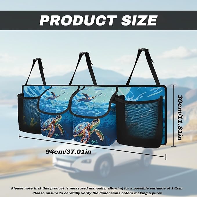CLOHOMIN Blue Sea Turtle Car Organizer for SUV Sedan Truck Hanging Cargo Storage Bag with 4 Pockets Blue Ocean Car Trunk Backseat Organizer Multi Trunk Organizer Decor