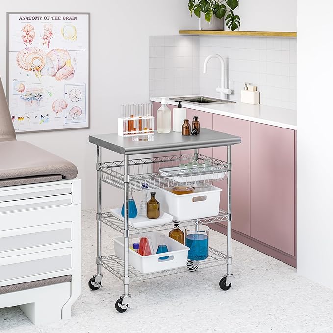 Seville Classics Commercial Work Table Island Utility Cart Prep Station, for Restaurant, Kitchen, Warehouse, Garage, Hotel, Home, Stainless-Steel Top NSF , 30" W x 20" D