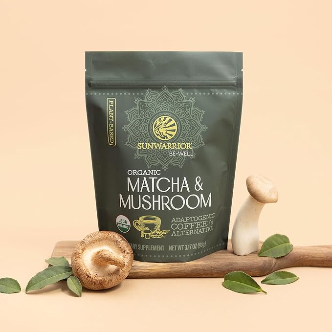 Sunwarrior Organic Matcha Mushroom Powder Supplement | Mushroom Matcha Coffee Alternative Blend of Ceremonial Grade | 90g Pouch 30 Servings Be Well